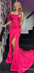 Elegant Hot Pink Off the Shoulder Mermaid Long Prom Dress with Slit, PD382020