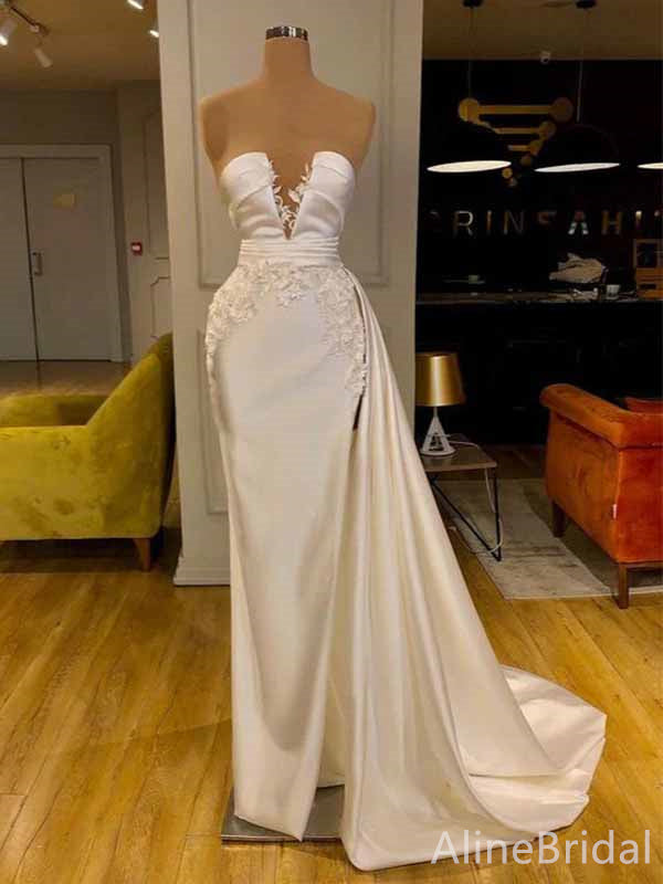 Sexy White Strapless Lace Applique Mermaid Long Prom Dress with Slit, Evening Dress, PD382034
