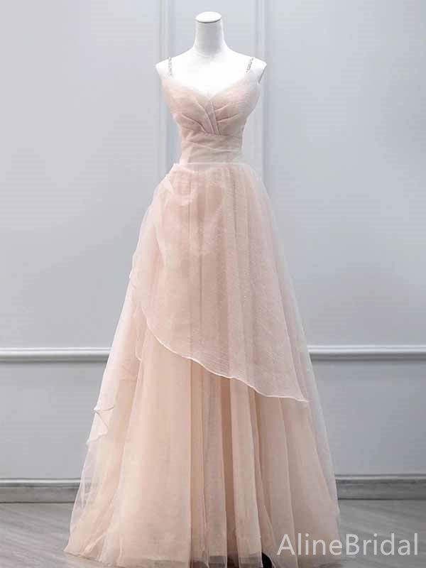 Pastel Pink Spaghetti Strap Pleated A-line Long Tulle Prom Ball Gown, PD382041