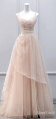 Pastel Pink Spaghetti Strap Pleated A-line Long Tulle Prom Ball Gown, PD382041