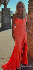 Stunning Strapless Orange Ruffle Corset Mermaid Long Prom Dress with Side Slit, PD382052