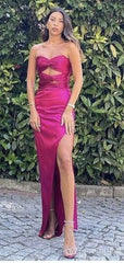 Elegant Strapless Hot Pink Mermaid Prom Dress with Slit, Twist-Front Evening Dress, PD382069