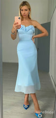 Elegant Blue Sweetheart Strapless Midi Prom Dress, Evening Dress, PD382087