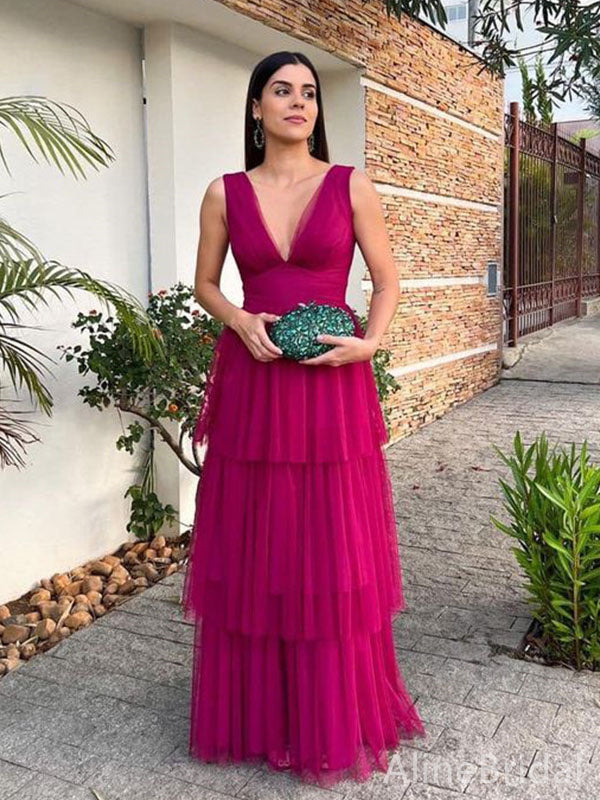 Elegant Fuchsia V-neck A-line Layered Tulle Long Prom Dress, Evening Dress, PD382102
