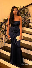 Elegant Dark Navy Strapless Long Mermaid Prom Dress, Evening Dress, PD382126