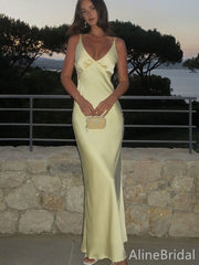 Pastel Yellow V-neck Spaghetti Straps Mermaid Prom Dress, Evening Dress, PD382127