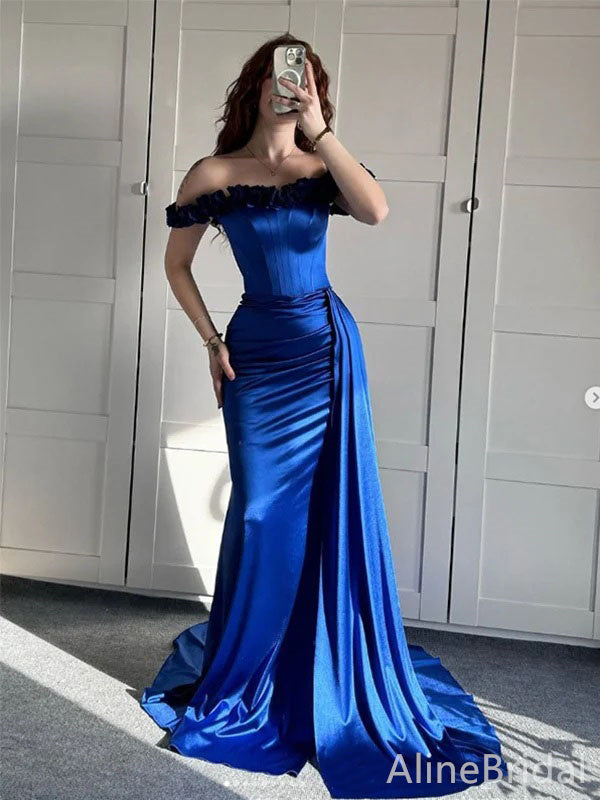 Elegant Navy-Blue Off-Shoulder Lace-up Mermaid Prom Dress with Trailing, Evening Dress,  PD3822133
