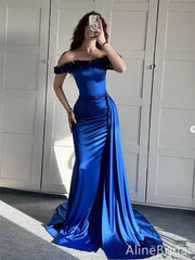 Elegant Navy-Blue Off-Shoulder Lace-up Mermaid Prom Dress with Trailing, Evening Dress,  PD3822133