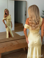 Gorgeous Yellow Off Shoulder Long Mermaid Prom Dress with Slit, Evening Dress,PD382147