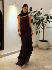 Elegant Dark Burgundy One-Shoulder Long Mermaid Prom Dress, Ruffled Tulle Evening Dress, PD382184
