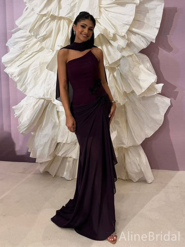 Elegant Dark Burgundy One-Shoulder Long Mermaid Prom Dress, Ruffled Tulle Evening Dress, PD382184