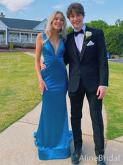 Elegant V-neck Blue Mermaid Long Prom Dress,Evening Dress,PD382186