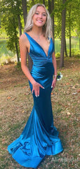 Elegant V-neck Blue Mermaid Long Prom Dress,Evening Dress,PD382186