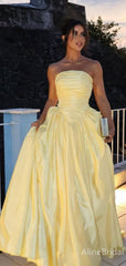 Elegant Yellow Strapless A-line Long Prom Dress, Evening Gown, PD3822969