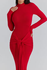 scarlet red hip drape maxi dress