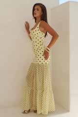 TILLIE SHEER BOTTOM MAXI DRESS - LEMON/CHOC POLKA