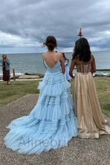 Elegant Blue V-neck A-line Long Prom Dress-Tiered Ruffled Tulle Evening Dress, PD3627