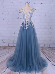 Popular Handmade Flowers V-neck Blue A-line Prom Gown Dresses,PD00046