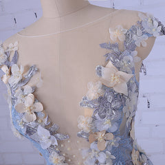 Popular Handmade Flowers V-neck Blue A-line Prom Gown Dresses,PD00046