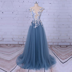 Popular Handmade Flowers V-neck Blue A-line Prom Gown Dresses,PD00046