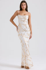 white & gold jacquard satin gown