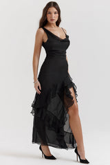 black ruffle maxi dress