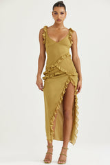 olive ruffle maxi dress