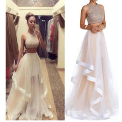 Two Pieces Beaded Unique Light Pink Charming Vintage Formal Evening Prom Dresses. AB0305