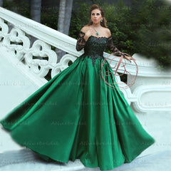 Gorgeous Black Emerald Green Lace A-line Ball Gown-Off Shoulder Long Sleeve Evening Gown PD00047