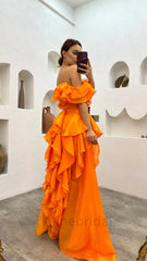 Romantic Orange Tulle Off Shoulder Tiered Prom Dress-Ruffled Layered A-Line Evening Gown, PD3722