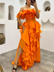 Romantic Orange Tulle Off Shoulder Tiered Prom Dress-Ruffled Layered A-Line Evening Gown, PD3722
