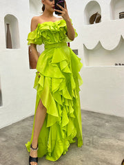 Romantic Green Ruffle Tiered Prom Dress-Off Shoulder A-line Floor length Prom Dress, PD3721