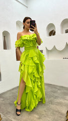Romantic Green Ruffle Tiered Prom Dress-Off Shoulder A-line Floor length Prom Dress, PD3721