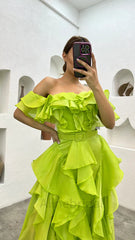 Romantic Green Ruffle Tiered Prom Dress-Off Shoulder A-line Floor length Prom Dress, PD3721