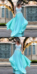 Elegant Blue Spaghetti Strap V-neck Lace Appliques Chiffon High School Prom Dresses,PD00014