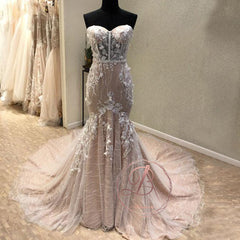Stunning Pale Pink Strapless Lace Appliques Mermaid Prom Dress, Lace Up Back Evening Dress, PD00052