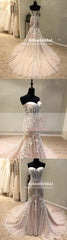 Stunning Pale Pink Strapless Lace Appliques Mermaid Prom Dress, Lace Up Back Evening Dress, PD00052
