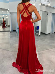 Simple Red V-neck Side Slit Long Prom Dress, Evening Dress, PD37736