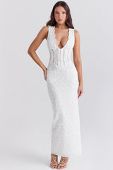 white cotton broderie anglais plunge maxi dress
