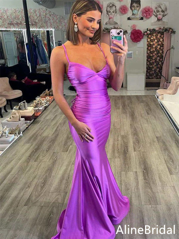 Sexy V-neck Spaghetti Strap Lace-Up Purple Mermaid Long Prom Dress,Evening Dress, PD37757