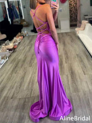 Sexy V-neck Spaghetti Strap Lace-Up Purple Mermaid Long Prom Dress,Evening Dress, PD37757