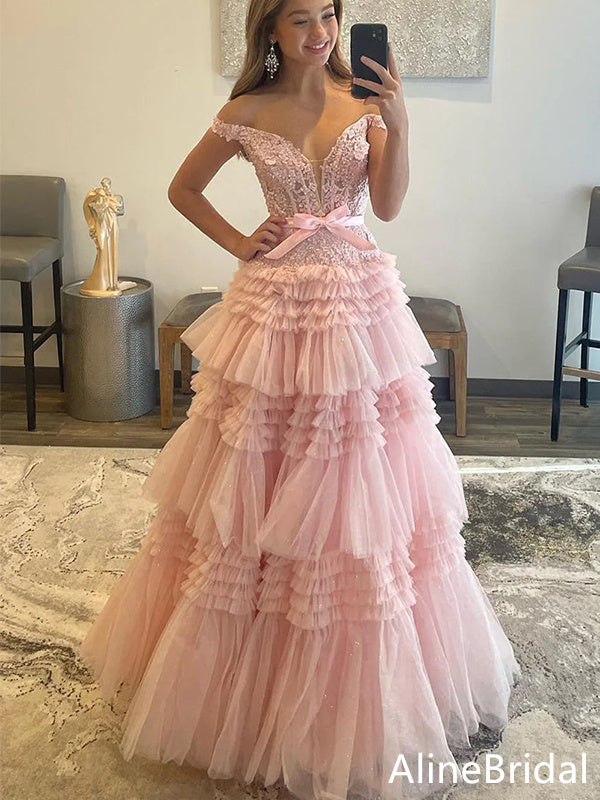 Elegant Pink  Off Shoulder A-line Long Tulle Prom Dress with Bow Detailing, Evening Dress,PD37763