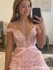Elegant Pink  Off Shoulder A-line Long Tulle Prom Dress with Bow Detailing, Evening Dress,PD37763