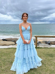 Elegant Blue V-neck A-line Long Prom Dress-Tiered Ruffled Tulle Evening Dress, PD3627