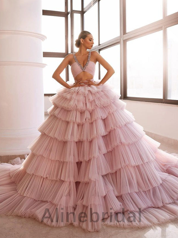 Gorgeous A-line V-neck Beaded Pink Tulle Gown, Tiered Ruffle Long Prom Dress, PD3616