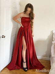 Elegant Red Strapless A-line Side Slit Long Prom Dress, PD37840