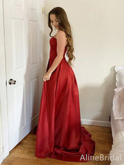 Elegant Red Strapless A-line Side Slit Long Prom Dress, PD37840