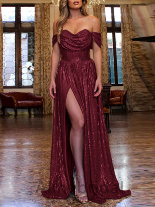 Sexy Burgundy Glitter Off Shoulder High Slit Prom Dress-Fitted Mermaid Evening Gown, PD3610