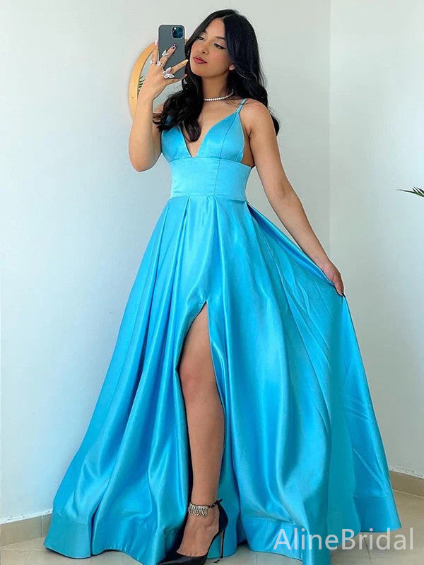 Elegant V-neck Spaghetti Strap Side Slit Blue A-line Long Prom Dress, PD37841