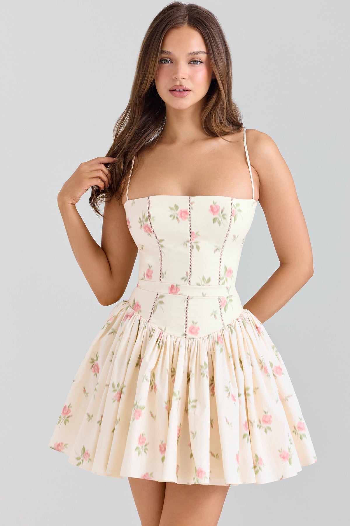 cream rose print stretch cotton mini sundress
